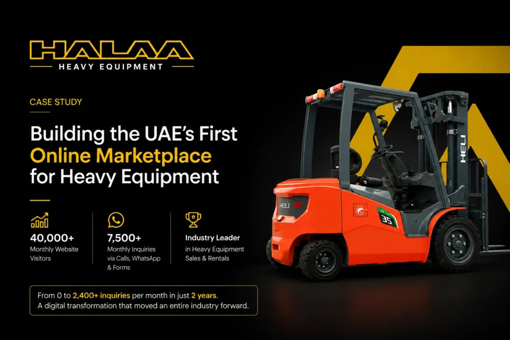 Hala Heavy Equipment case study: an orange forklift beside the marketplace results.
