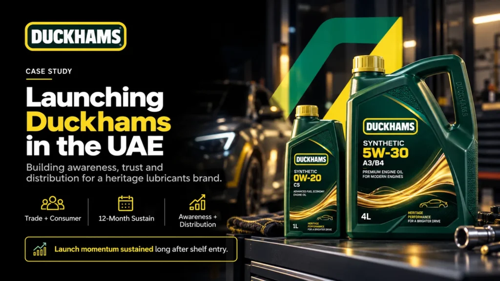 Duckhams case study key visual: Launching Duckhams in the UAE, building awareness, trust and distribution for a heritage lubricants brand. Duckhams synthetic engine oil bottles on a workshop bench.