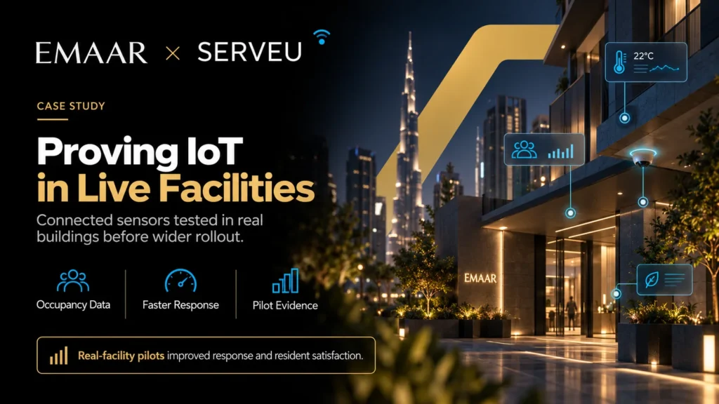 Emaar and ServeU case study key visual: Proving IoT in Live Facilities, with connected sensors tested in real buildings before wider rollout. A Dubai residential building at night with sensor readouts overlaid.