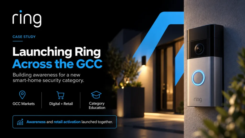 Ring case study key visual: Launching Ring Across the GCC, building awareness for a new smart-home security category. A Ring video doorbell mounted beside a lit villa entrance at night.